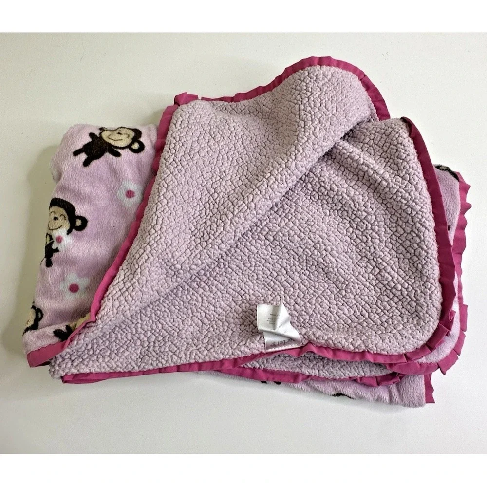 Carters Pink Sherpa Monkey Baby Blanket Flowers Smiling Hard to Find